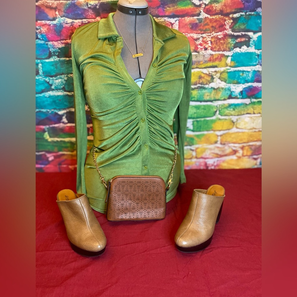 Green mini dress with tan clogs.  Bundle deal